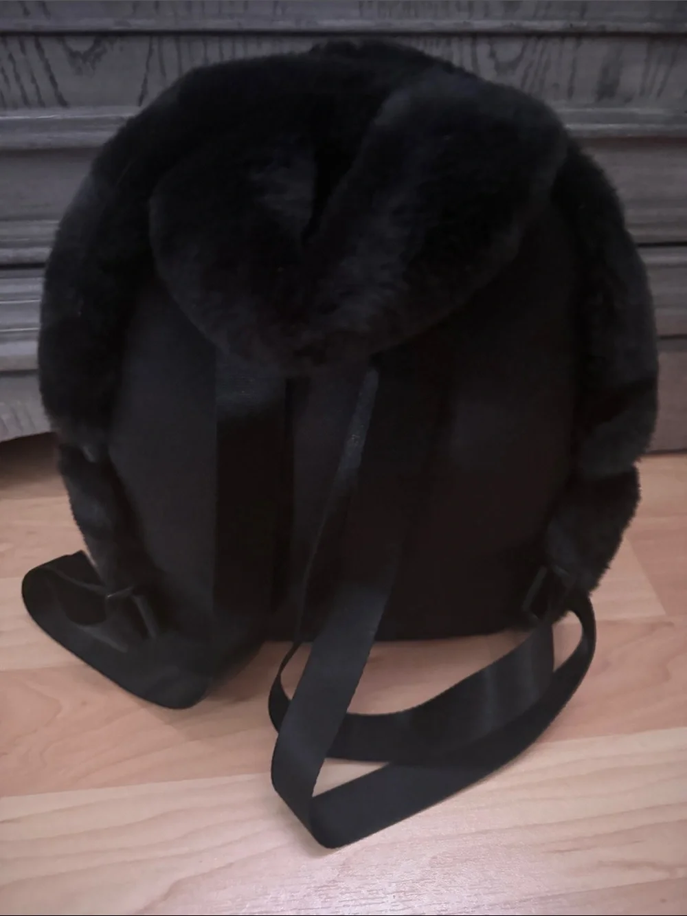Nike Black Faux Fur Backpack with White Swoosh Accent